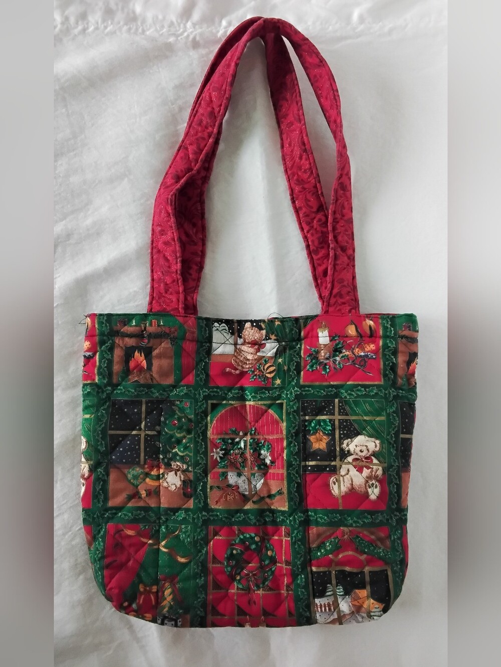 Festive Red and Green Quilted Christmase Tote Bag By Ann Brush